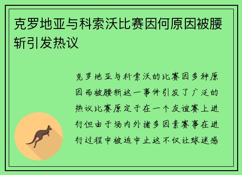 克罗地亚与科索沃比赛因何原因被腰斩引发热议
